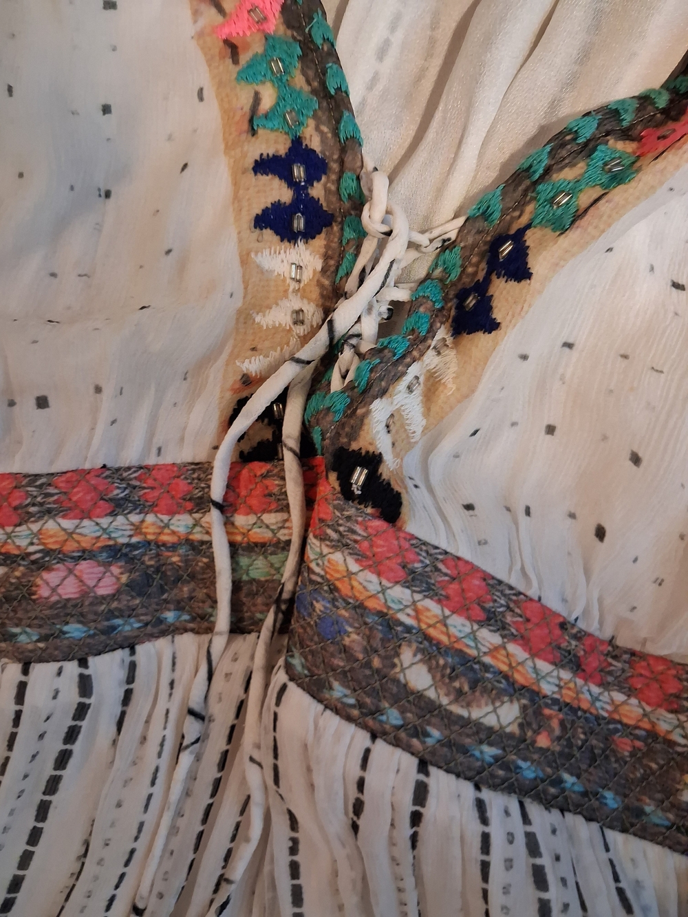 HEMANT & NANDITA Cream Boho Tiered V‑Neck Maxi Dress with Multicolor Trim - Picture 4 of 4